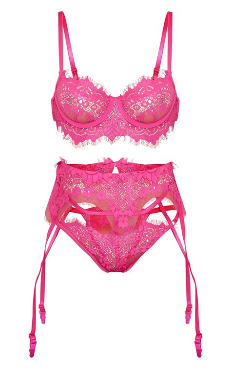 Hot Pink Floral Lace Binding 3 Piece Lingerie Set Prettylittlething Ie