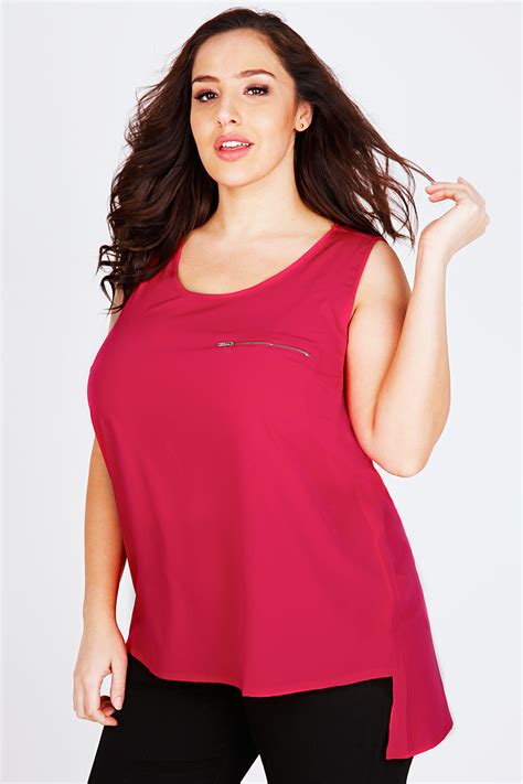 Pink Sleeveless Dipped Hem Top With Zip Pocket Detail Plus Size 14 To 36