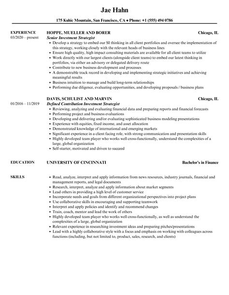 Investment Strategist Resume Samples | Velvet Jobs