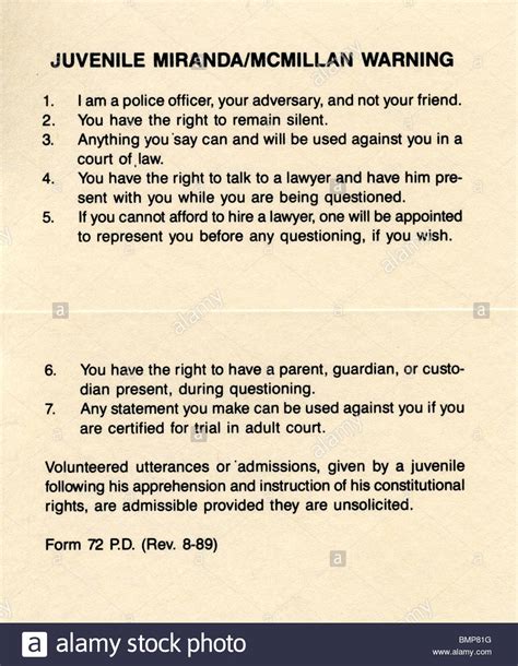In the united states, the miranda warning is a type of notification customarily given by police to criminal suspects in police custody (or in a custodial interrogation) advising them of their right to silence; Printed card with juvenile Miranda/McMillan warning. Used ...