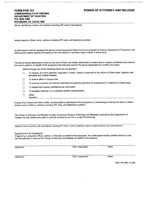 You are not the only one. Form Par 101 - Power Of Attorney And Release - Virginia Department Of Taxation printable pdf ...