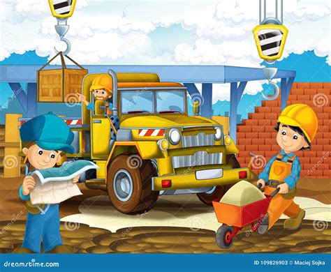 Cartoon Scene With Workers On Construction Site Builders Doing