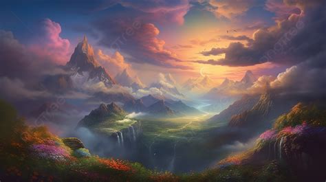 Fantasy Mountainscape With Rainbow Sunset Background Picture Of Heaven