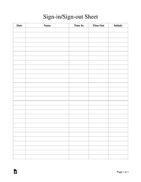 Printable Sign Out Sheet