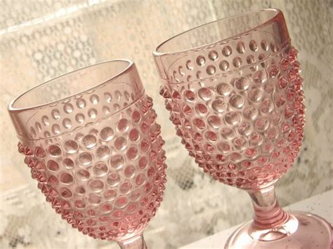 Vintage Pink Glass Water Goblets Pair Hobnail By Shoponsherman