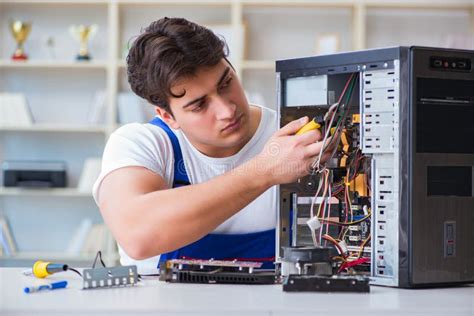 The Computer Repairman Repairing Desktop Computer Stock Image Image