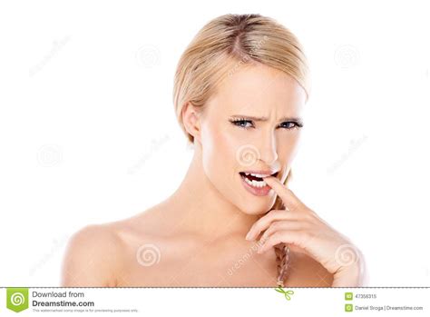 Bare Woman Biting Her Finger In About To Cry Face Stock Image Image