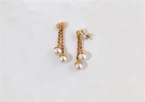 Double Pearl Dangle Drop Earrings In K Yellow Gold
