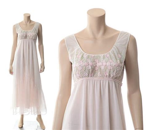 Vintage 60s Pink Chiffon Embroidered Nightgown 1960s Eyeful By The