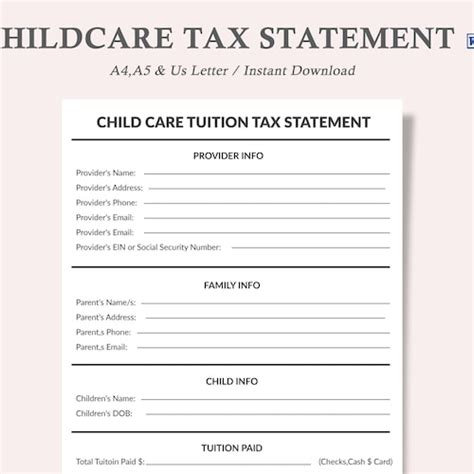 Child Care Tax Statement Form Daycare Or Childcare Printable Etsy