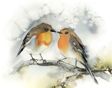 Two Robin Birds Painting Wall Art Print Gicl E Fine Art Print Etsy