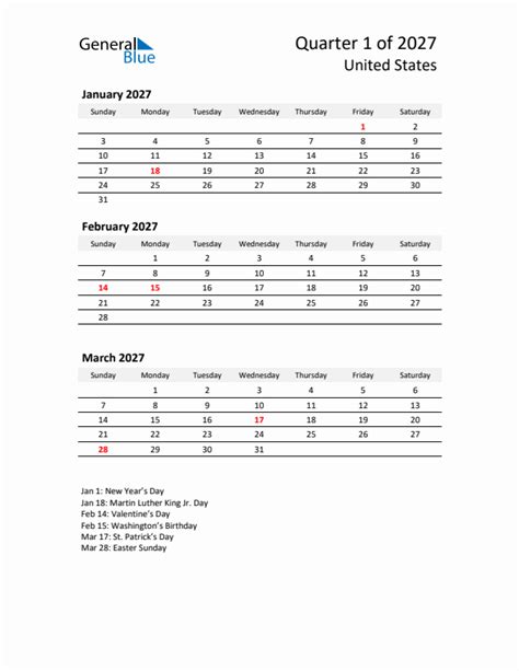 Q1 2027 Quarterly Calendar With United States Holidays Pdf Excel Word