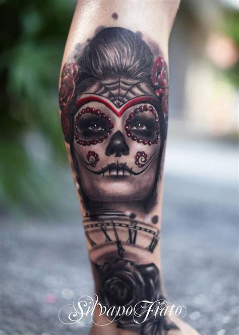 If they loved roses, substitute for the marigolds. Fantastic Sugar Skull with Clock & Rose Cover Up | Best tattoo design ideas | Leg tattoos ...