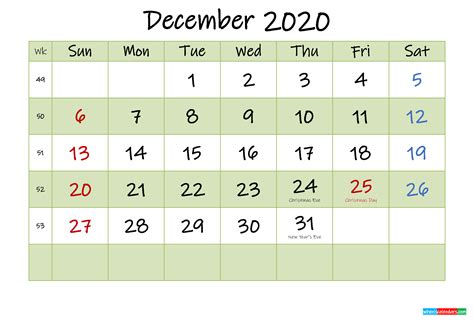 December 2020 Calendar With Holidays Printable Template K20m456
