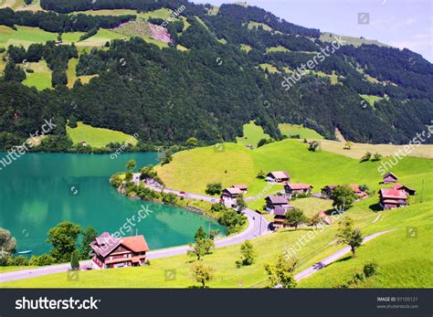 Beautiful Switzerland Landscape Houses Lake Mountain Stock