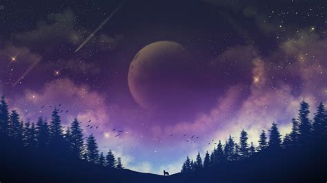 Night Sky Moon Forest Scenery Background Digital Art 4k Hd