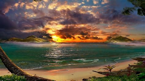 Download Tropical Island Beach Scenery Sunset Desktop Wallpaper By