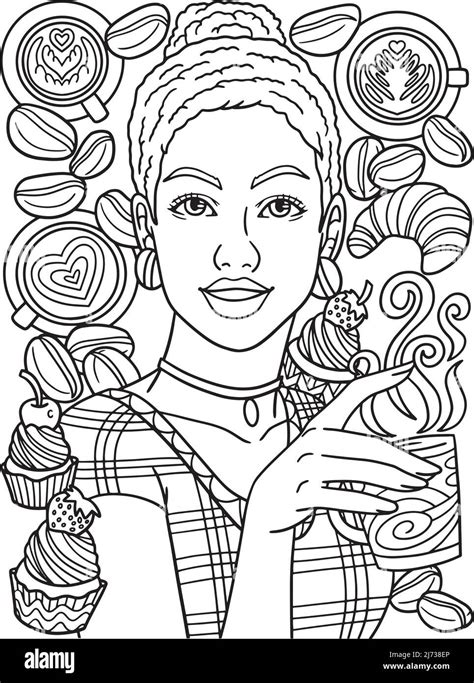 Afro American Woman Drinking Coffee Adult Coloring Stock Vector Image