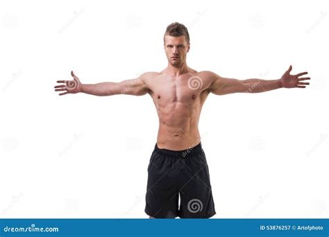 Young Muscle Man Outdoors In Water Showing Muscular Abs Pecs And Arms