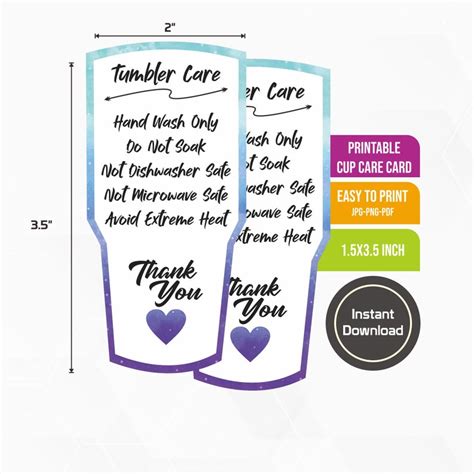 Ready To Print Tumbler Cup Care Instructions Card Small Etsy