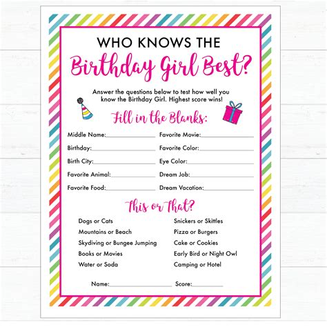 Birthday Party Games Printable Who Knows The Birthday Girl Etsy India
