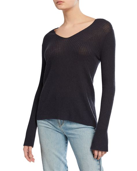 Vince V Neck Ribbed Long Sleeve Wool Cashmere Top Neiman Marcus