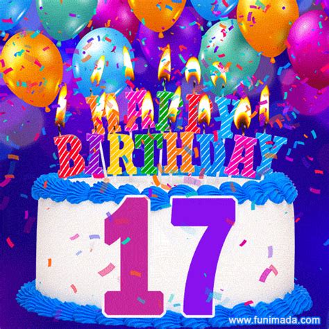 17th Birthday Cake  Colorful Candles Balloons Confetti And Number