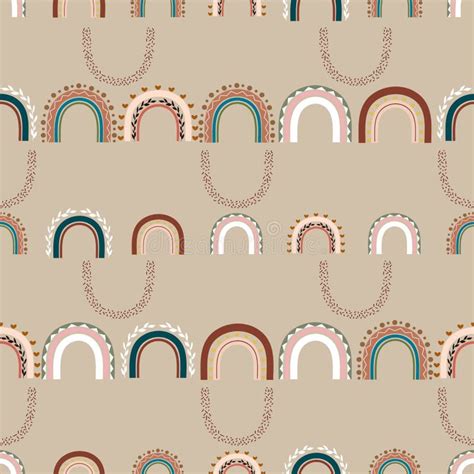 Boho Rainbows Vector Repeat Pattern On Light Brown Background Stock