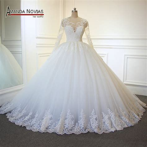 2018 Amanda Novias New Arrival Real Pictures Lace Ball Gown Long Sleeve