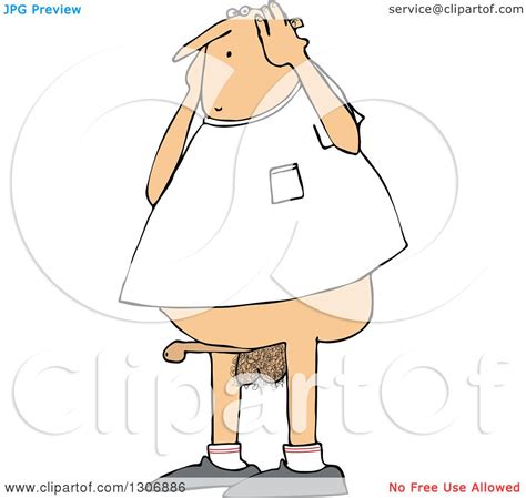 Clipart Of A Cartoon Pantless Chubby Nude White Man Embarassed Over A