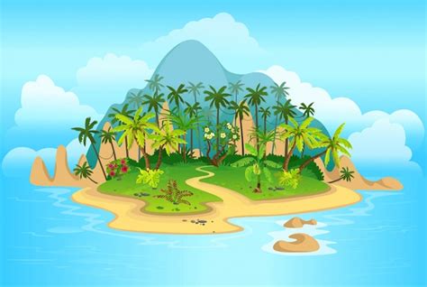 Premium Vector Cartoon Tropical Island With Palm Trees Mountains