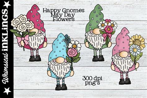 Happy Gnomes May Day Flowers Sublimation Clipart
