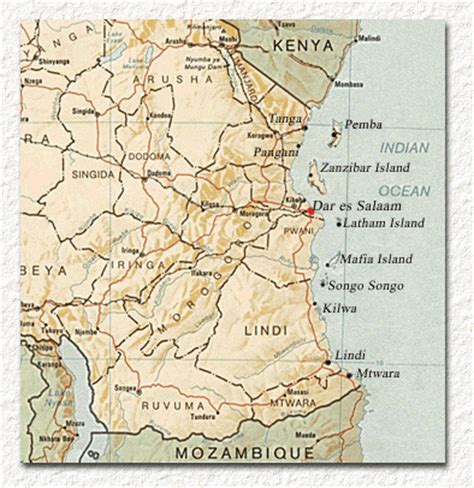 Satellite map of kilwa kisiwani: "Kilwa, Mafia, Songo Songo, Oukuza, Fanjove"