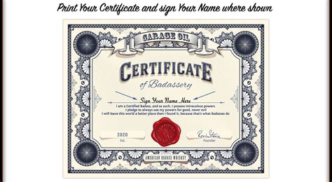 Certificate of Badassery - Garage Oil Spirits