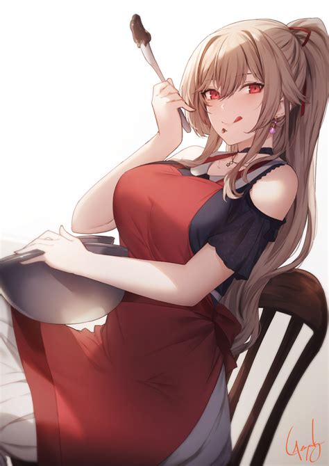 Safebooru 1girl Q Apron Bare Shoulders Blonde Hair Bowl Breasts Chair Chocolate Chocolate On