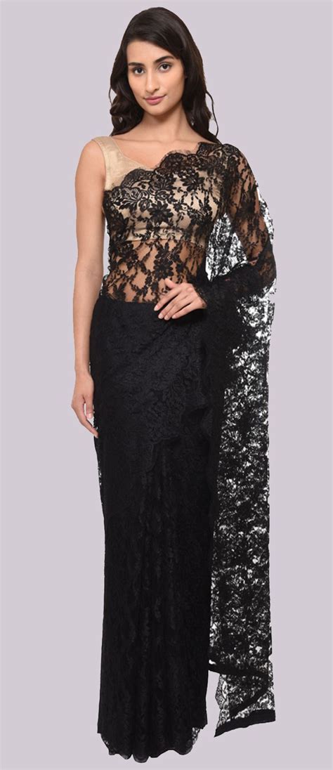 Black French Chantilly Lace Saree With Crepe Tissue Blouse Indian