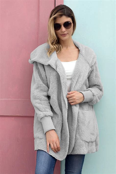 Dulcie Women Open Front Fleece Hooded Cardigan With Pocket Grey Amber