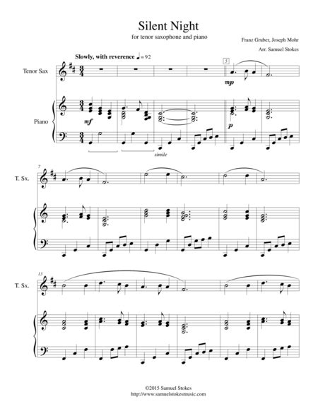 Silent Night For Tenor Saxophone And Piano Free Music Sheet