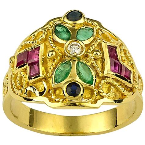 georgios collections 18 karat yellow gold emerald ruby and sapphire diamond ring for sale at 1stdibs