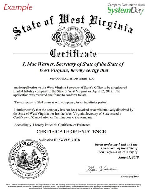 West Virginia Certificate Of Good Standing Certificate Of Existence