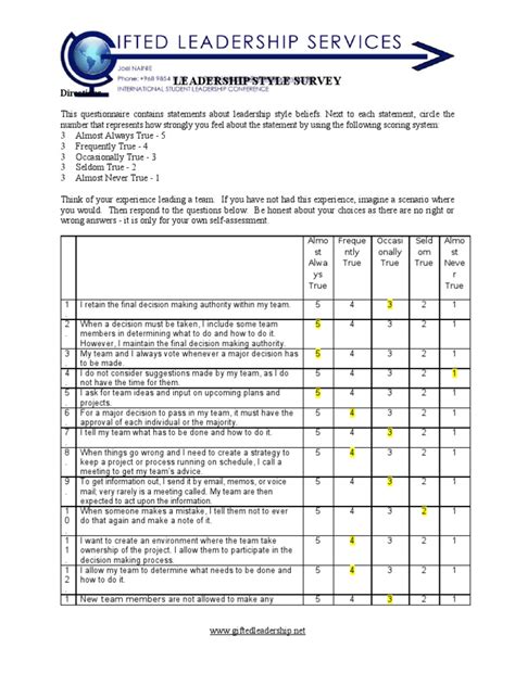 Leadership Style Survey Leadership Behavioural Sciences