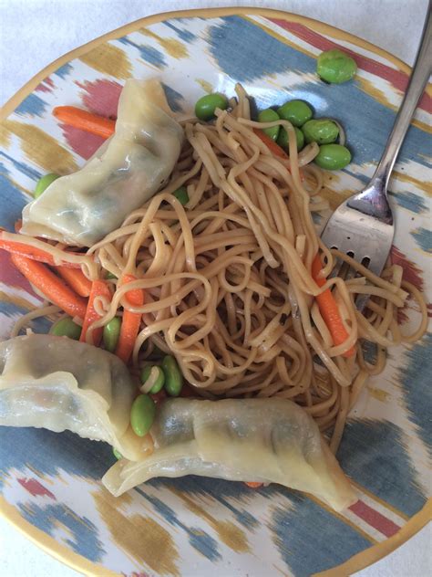 Asian egg noodles tossed in Trader Joe's Gyoza Dipping 