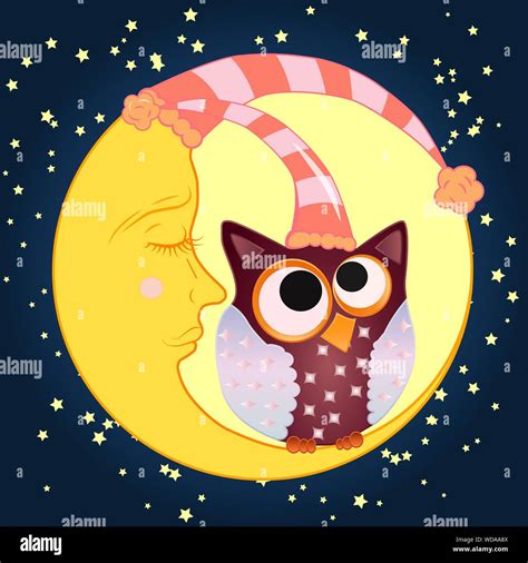 A Sweet Cartoon Owl With Eyes Closed To The Middle In A Sleeping Cap