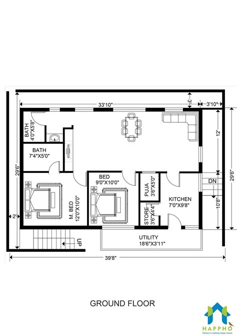 30x40 House Plan For East Facing 2 Bhk Plan 027 Happho