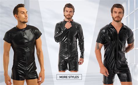 chictry men s wet look pvc leather bodysuit catsuit mesh splice zipper front clubwear costume