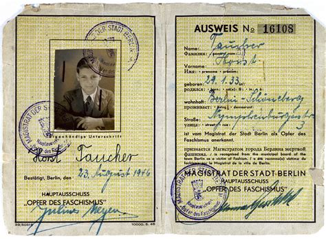 Identification card issued to the Jewish DP child Horst Taucher indicating that he was a victim ...