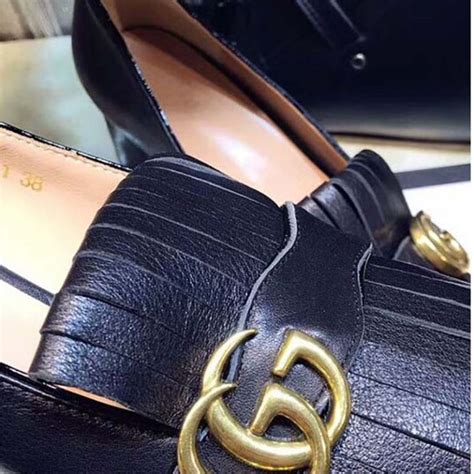 Gucci Women Shoes Leather Mid Heel Pump 50mm Heel Black Lulux