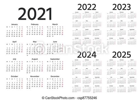 Calendar 2021 2022 2023 2024 2025 Years Vector Illustration