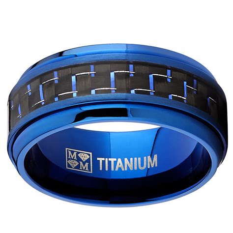 Mens Blue Titanium Wedding Bands Ring With Black And Blue Carbon Fibe