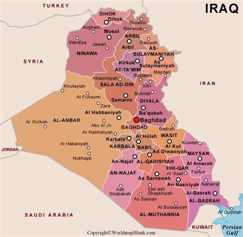 Labeled Map Of Iraq With States Capital And Cities